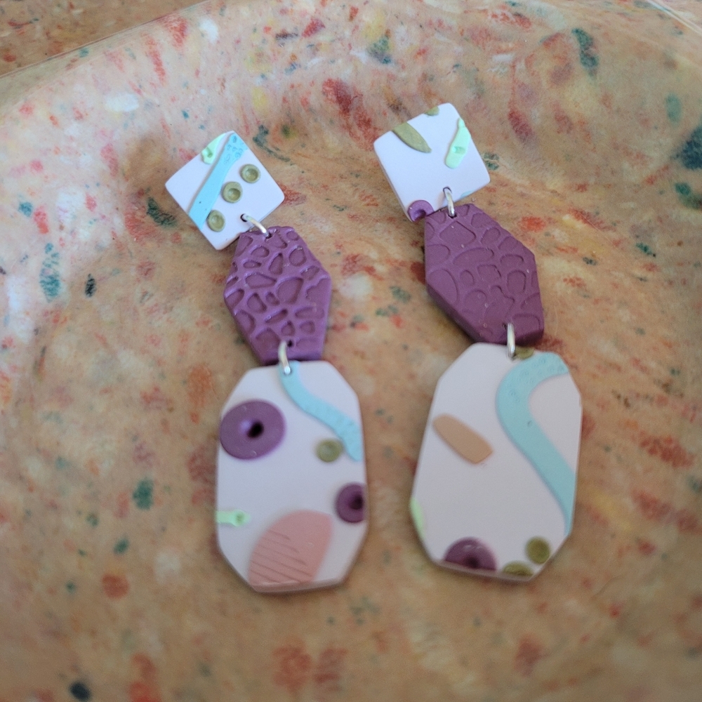 Handmade Polymer Earrings Pastel Retro Statement - Picture 3 of 6